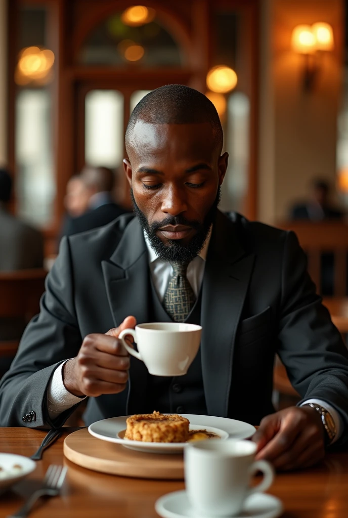 A somali man at the suit is sitting a restuarent eating tea