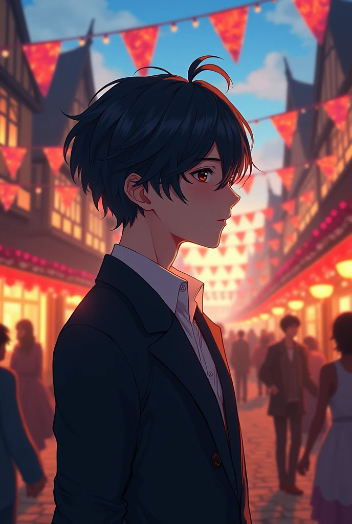 Anime genre: Black-haired, black-eyed, fantasy male in love at a festival in England.