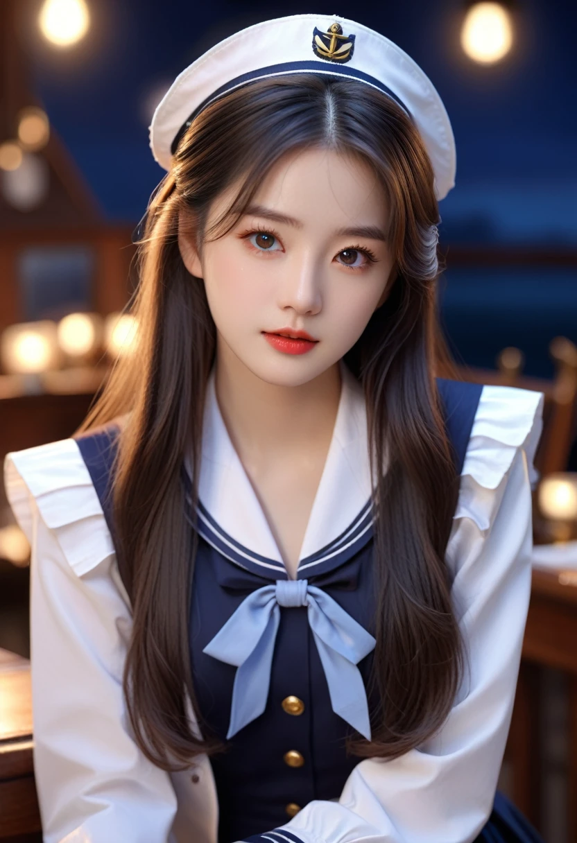 Japanese、Sailor suit、uniform、Not wearing a hat、Long Hair、a beautiful young woman, detailed eyes, elegant lips, luscious eyelashes, exquisite skin with realistic sheen and lighting, perfect anatomical features, elaborately decorated outfit, detailed romantic background, 1girl, shallow depth of field, best quality, 4K, 8k, highres, masterpiece, ultra-detailed, realistic, photorealistic, photo-realistic, HDR, uhd, studio lighting, ultra-fine painting, sharp focus, physically-based rendering, extreme detail description, professional, vivid colors, bokeh
