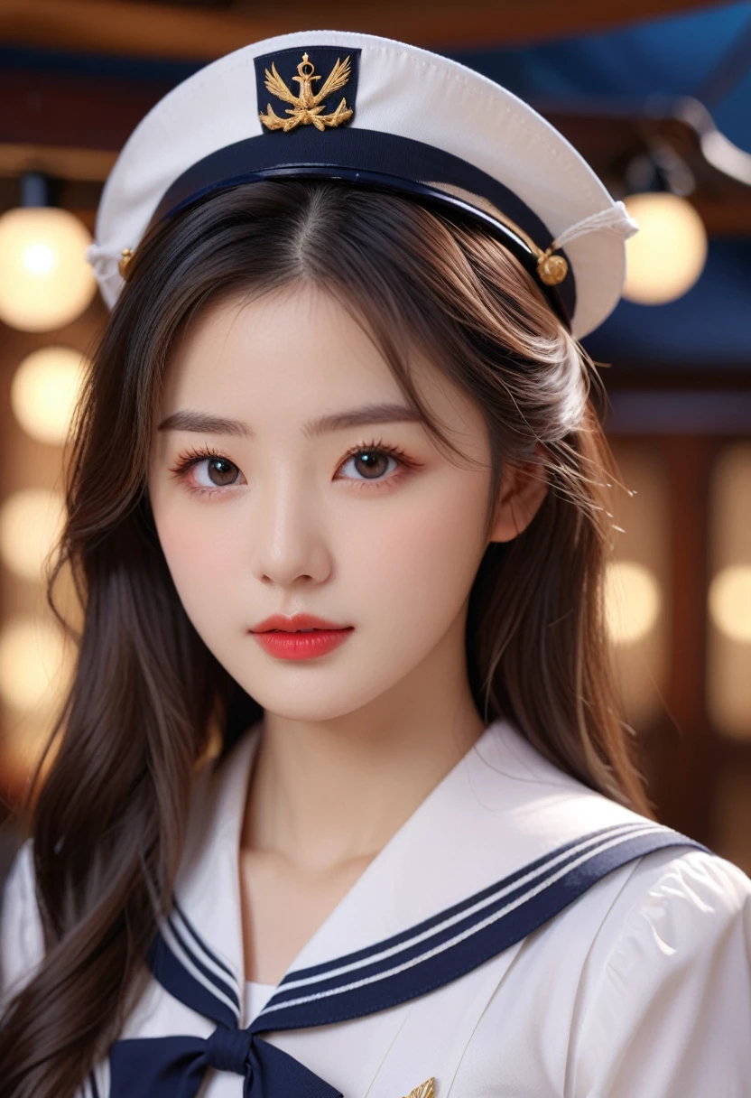 Japanese、Sailor suit、uniform、Not wearing a hat、Long Hair、a beautiful young woman, detailed eyes, elegant lips, luscious eyelashes, exquisite skin with realistic sheen and lighting, perfect anatomical features, elaborately decorated outfit, detailed romantic background, 1girl, shallow depth of field, best quality, 4K, 8k, highres, masterpiece, ultra-detailed, realistic, photorealistic, photo-realistic, HDR, uhd, studio lighting, ultra-fine painting, sharp focus, physically-based rendering, extreme detail description, professional, vivid colors, bokeh