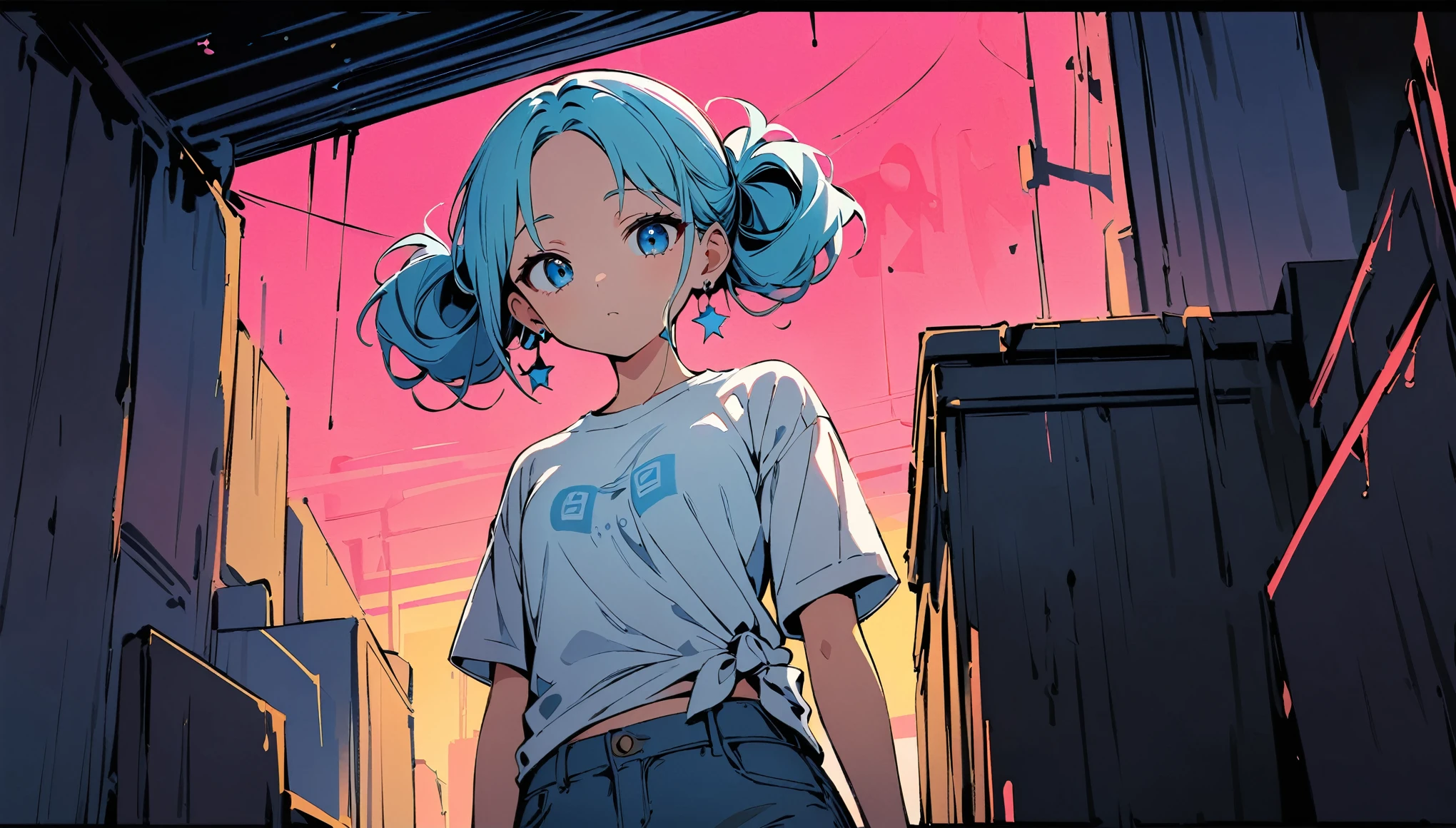 (high quality, 8k, 4K, High Contrast, masterpiece:1.2, 最high quality, Best aesthetics), (Dynamic Angle), ((1 female teen)), ((Plain and bright background)), ((Flat Color)), (Plain white T-shirt on the upper body), (jeans), Looking at the audience, Upper Body, Transparent Background, Sleepy eyes, High Contrast, Contrasting colors, Cowboy Shot, Pale pink and blue lighting, Long Hair, ((Tied Hair)) , Light blue hair, Small star-shaped earrings in both ears, Wearing a casket, watch, bright eyeshadow, Cool look, Small Tits, Her bra is slightly visible through her T-shirt , Clothes wet from the rain. Raining background,