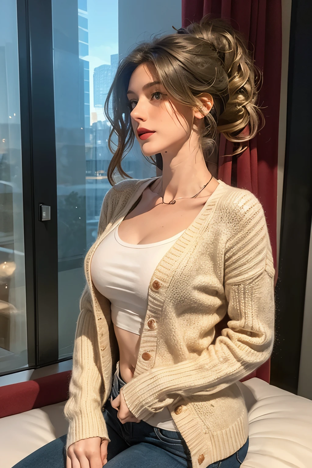 High resolution, chest, Blushing, Gentle colors, One person,
ponytail, Natural curls, High-resolution model,Red lips, Healthy body shape,
Night view from the window, Window, Knitted cardigans, sit