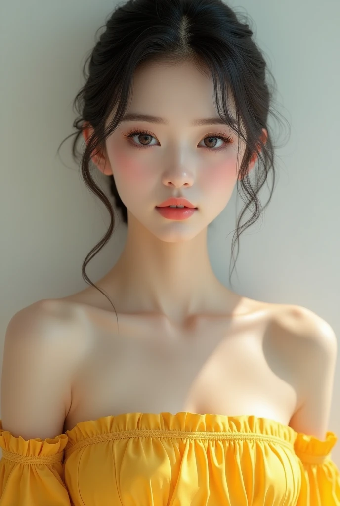 A very beautiful japanese girl,very beautiful face, detailed eyes, detailed pink lips,very sexy body, white skin, breasts size medium wear a very beautiful deziner yellow dress,