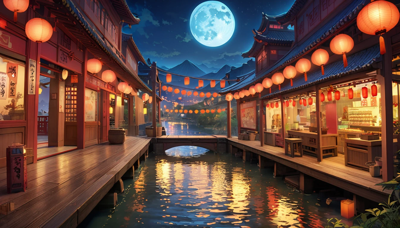 Official Art, ancient China, Ancient Street, (night), ​masterpiece, top-quality, depth of fields, high details, 8k, anime a night scene of china town, lots of shop outlets, chinese lanterns, detailed background, high angle view, beside a river, wooden boats, bridge, moon, mountains background, Global Illumination, Realistic lighting