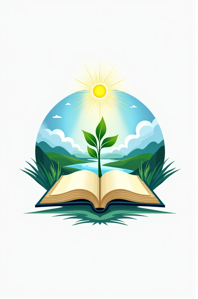 Create a logo for 'Kachinia High School and College' that features an open book with a shining light above it, symbolizing knowledge and enlightenment. Include a young plant growing from the book, representing growth and development. Use a shield in the background to signify protection and strength. Incorporate natural elements like a river or hills to represent the local environment. The color scheme should include shades of blue and green to convey trust, growth, and stability.