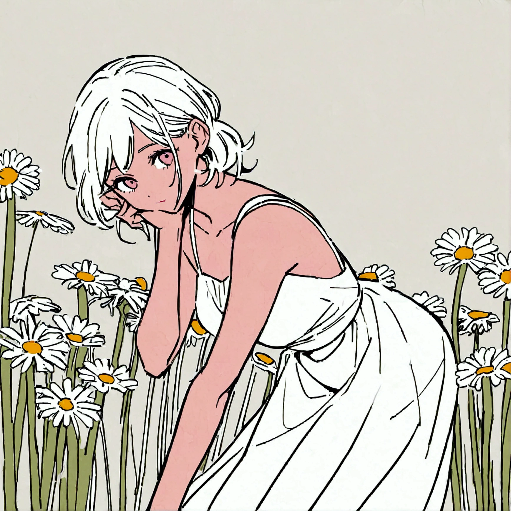 Flat color, leaning forward, woman in white dress, daisy, summer, simple and beautiful color scheme, chic, solo Peek into