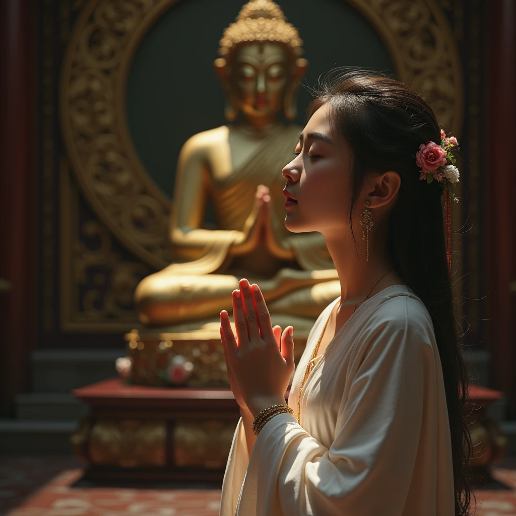Best quality, extreme details, masterpiece, 8K wallpaper, official art, a pious (((beautiful))) cute praying in front of the Buddha statue
