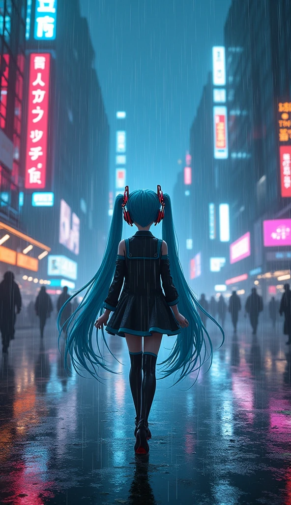 Hatsune miku wearing headphones and walking on road raining and looking at sky cyber city night