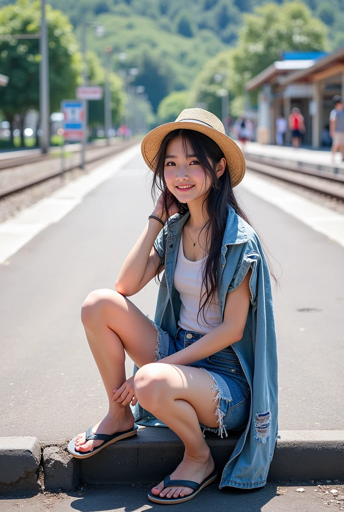 30s Thai woman, cute face, long hair, fair skin, wearing an old tank top, ripped shorts, ripped shirt, flip flops. I remember the same person as the train station. Realistic image, bright sunlight, distant mountains in the background, green trees, macro camera lens, high resolution.