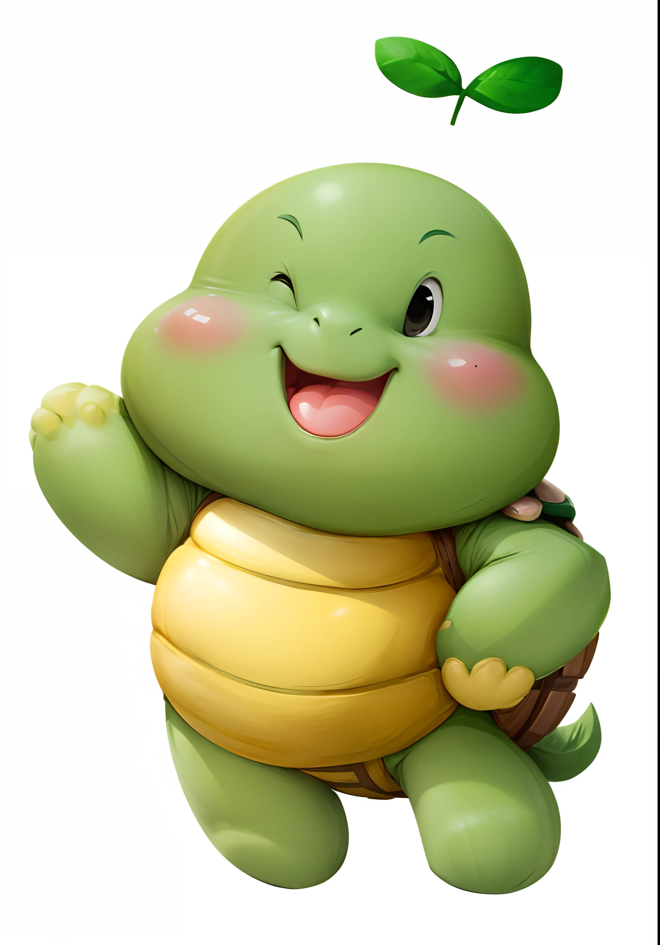 high quality,masterpiece,1. Manga,Green Skin,Brown turtle shell,stand up,Cross your left hand at your waist,Right hand raised,flushed face,Smile,Ray Tracing,Perfect light and shadow,8K,White background,Octane Rendering,