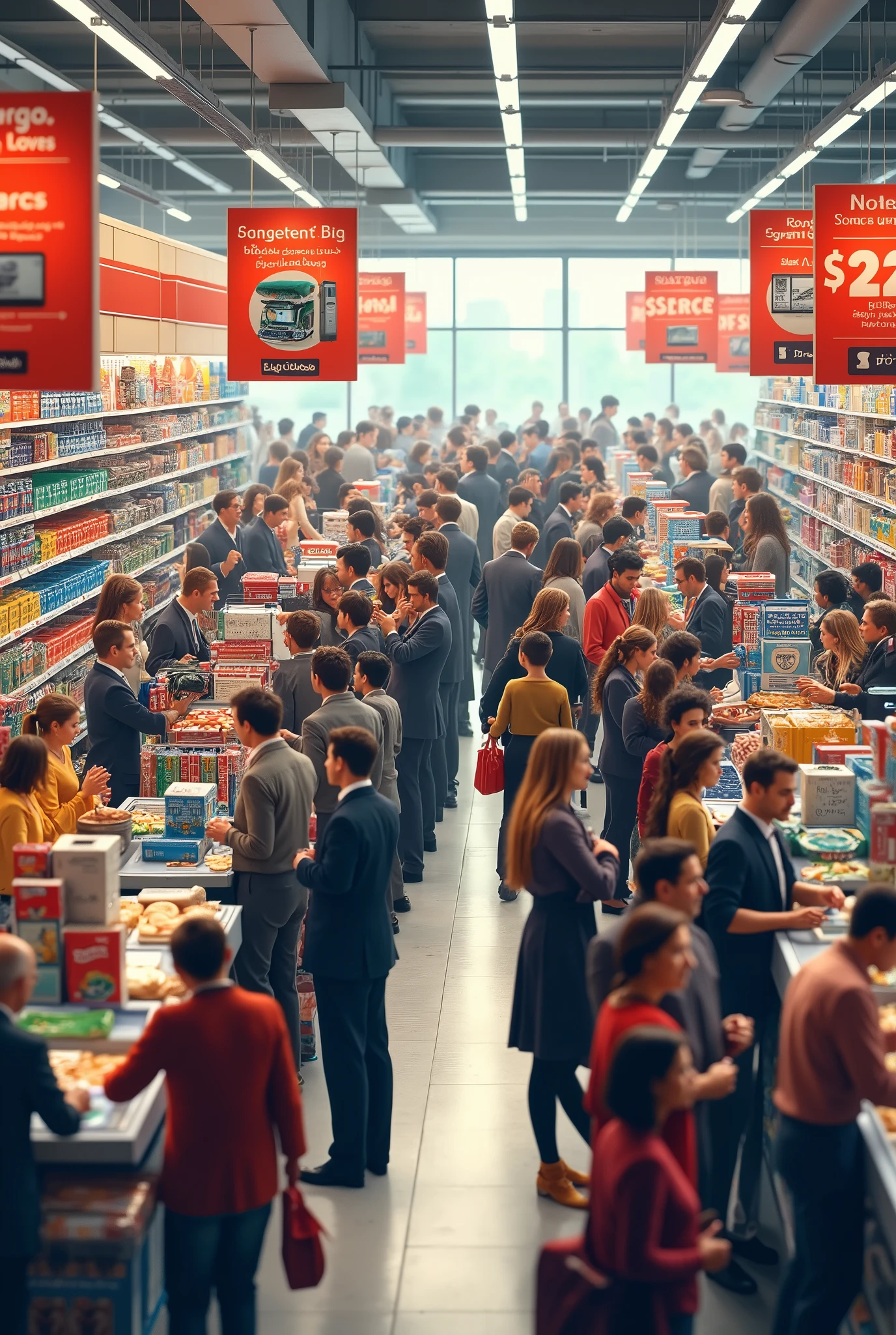 Supermarket with promotional products, many customers are queuing