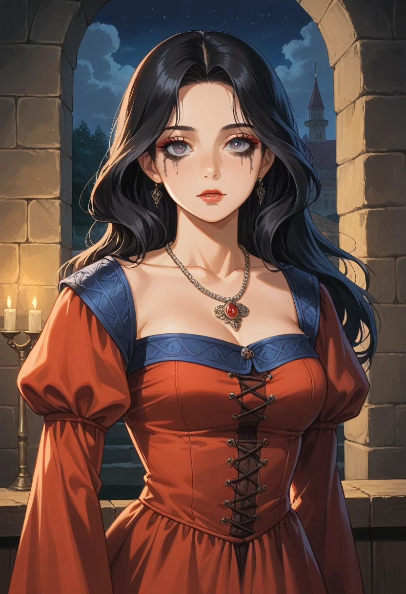 Anime, High-resolution illustrations, unrivaled masterpiece, ultra-realistic 8k CG, perfect artwork, (fidelity: 1.5), ((night)), cloudy, Very beautiful girl, (solo), long silky black hair, bangs, sparkling violet eyes, huge, (well-proportioned curves), natural makeup, Medium breasts:1.2, (Compressed chest:1.3), ((wearing a fantasy dress with medieval design)), necklace, character in the middle, standing, near palace, prideful