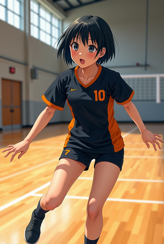 Japanese short black hair high school girl painting style。
oil。
Volleyball club practicing in the gym。
The uniform is black and orange with short sleeves.、Black underneath。The number on his front is 10. It looks like a photograph.。
Look head to toe like an oil painting