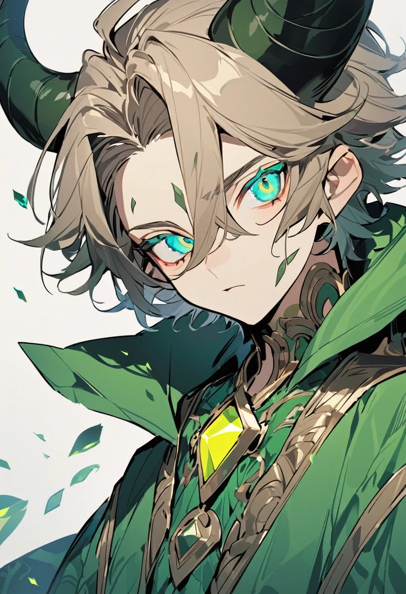a boy with light brown, unruly hair, with large, rounded horns like those of rams coming out of both sides of his head, his eyes were blue, and on his neck he had some kind of strange diamond-shaped marks. He was dressed completely in green.