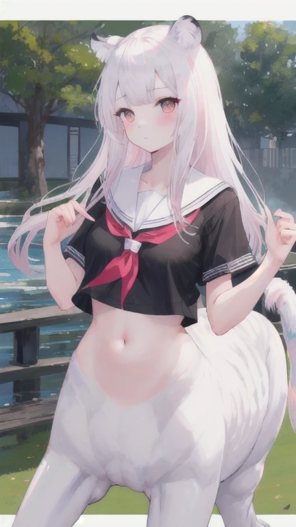 (best quality, masterpiece), 1 girl, centaur, I beg, White skin, Japanese schoolgirl,daughter,black pink, exposing the abdomen, belly button t-shirt , beautiful girl perfect, White tiger photo, 완벽한 White tiger photo