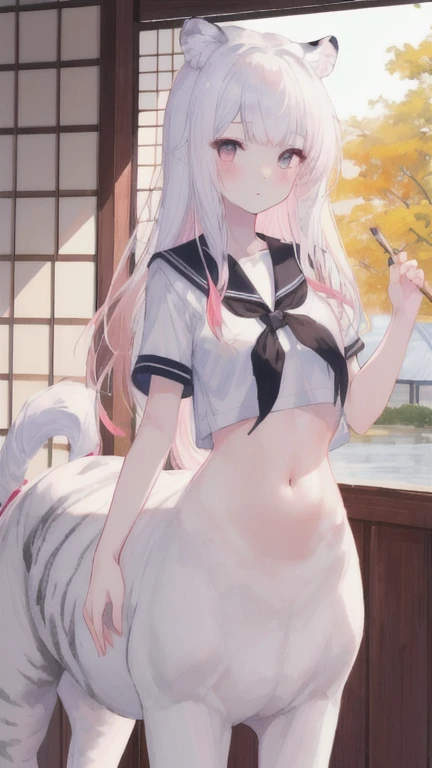 (best quality, masterpiece), 1 girl, centaur, I beg, White skin, Japanese schoolgirl,daughter,black pink, exposing the abdomen, belly button t-shirt , beautiful girl perfect, White tiger photo, 완벽한 White tiger photo