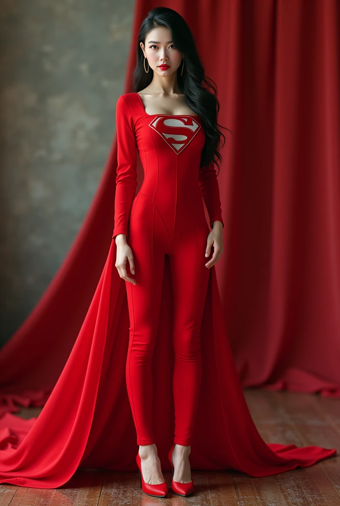 Beautiful Chinese white skin girl, Red lips, Red jumpsuit, Bare thighs,Red high heels,superman logo, Long legs,coat, boots, Standing posture when shooting, Very detailed, HD, Extremely detailed, Ray Tracing, high resolution, Stunning visuals,