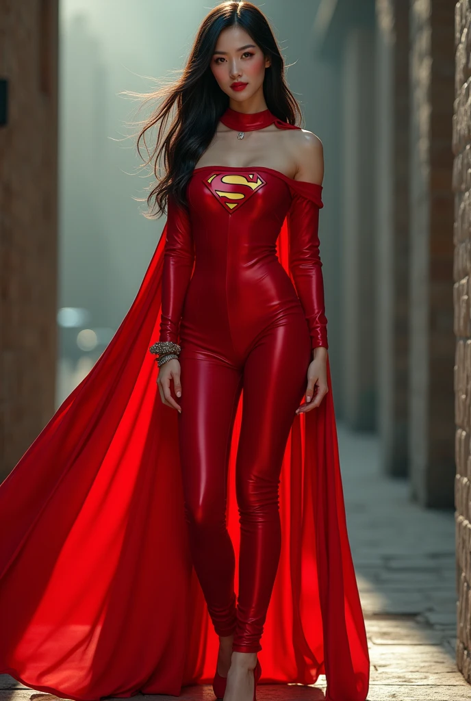 Beautiful Chinese white skin girl, Red lips, Red jumpsuit, Bare thighs,Red high heels,superman logo, Long legs,coat, boots, Standing posture when shooting, Very detailed, HD, Extremely detailed, Ray Tracing, high resolution, Stunning visuals,