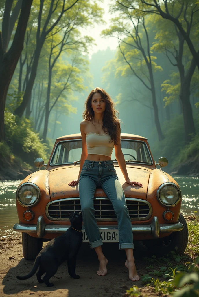 A hot girl sitting on a old car near river in forest. And a black cat standing near him.