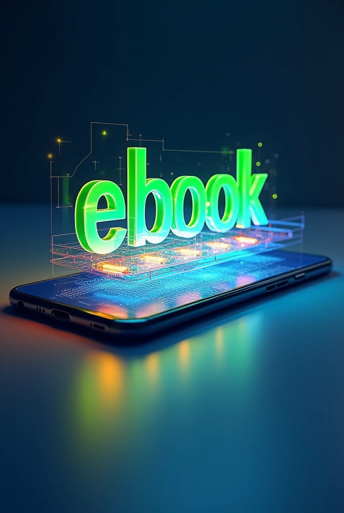 A stunning 4K design featuring the words "Design Printing" in the back row in green colors, and "eBook " in the front in bold blue and yellow colors. The logo is crafted in a futuristic, minimalist style and is being applied to a sleek, high-tech smartphone. The phone's screen displays various colorful textbooks contents. The overall visual is dynamic, with a sense of modernity and innovation.