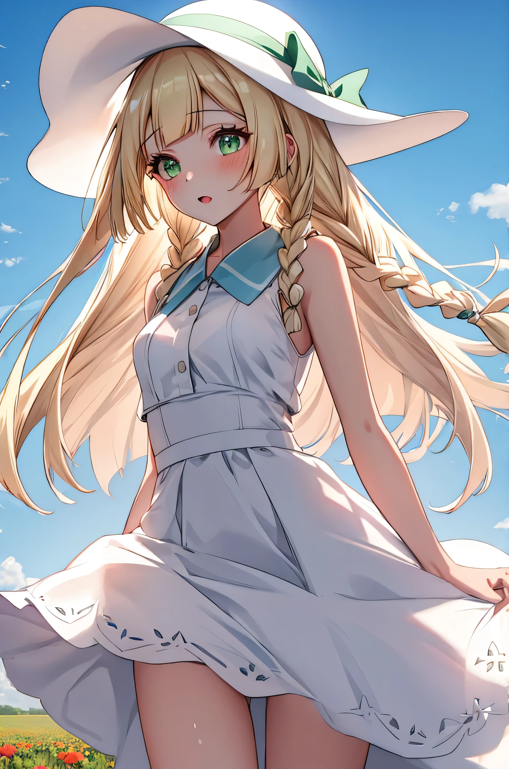 1girl, standing, clothes lift, show off panty, front view, facing viewer, BREAK lillie, blonde hair, long hair, twin braids, green eyes, sun hat, white headwear, collared dress, white sundress, sleeveless, blew in the wind, small breasts, see-through dress, BREAK detailed background, field of flowers, BREAK (best quality, masterpiece, UHD, ultra detailed), (beautiful face, shiny skin), (detailed eyes), (perfect anatomy), (professional lighting)