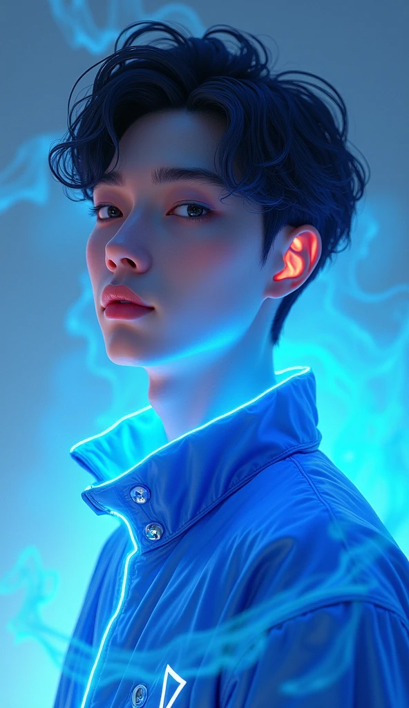 Create a 3D illustration of a 25 year old boy pure devine White skin, wearing a blue jacket with glowing color, smoke artistically forming a frame edit Photoshop Computer named, style, detailed face, focus on face, 8K