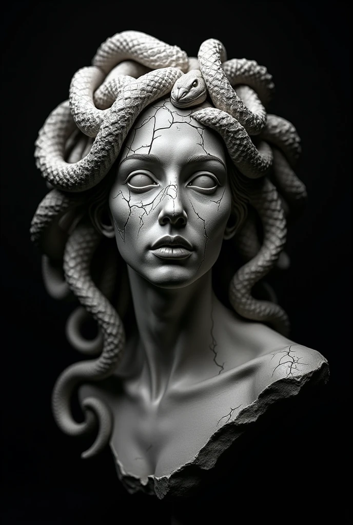 "A hyper-realistic, detailed sculpture of Medusa in a grayscale palette. The statue's face is cracked and weathered, with snakes coiling around her head in an ominous, lifelike manner. The texture of the stone is finely detailed, showing age and decay, with deep shadows highlighting the cracks. The eyes are hollow and haunting, adding a dark, eerie atmosphere. The background is pitch black, emphasizing the stark contrast and giving the image a dramatic, mysterious mood.