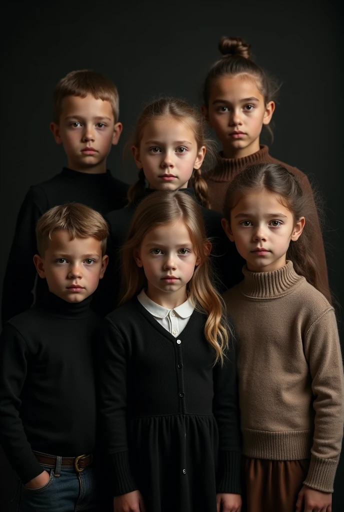 Make a girls & boys photo where they are wearing black,brown & white colour clothes shirts and dresses dark look