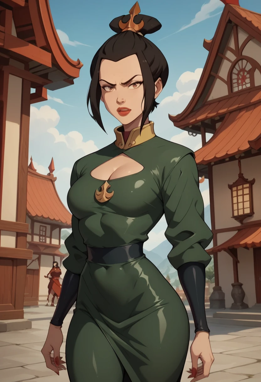 (masterpiece) (best quality) (detailed) (8k) (sharp focus), 1 female, Azula in latex clothing, detailed face, chest bulge, great chest anatomy 