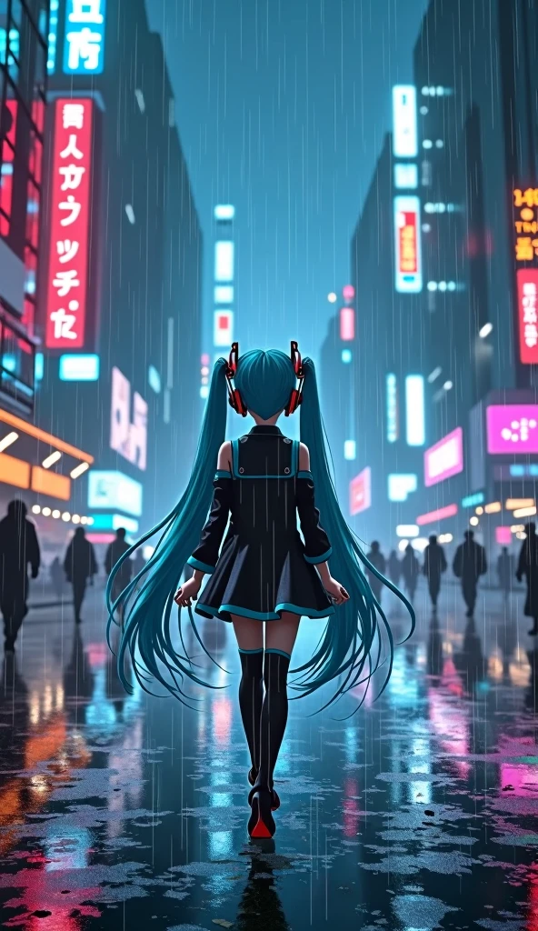 Hatsune miku wearing headphones and walking on road raining and looking at sky cyber city night