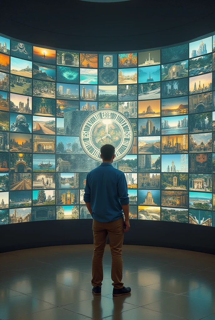 A man in a blue shirt and brown pants is standing in front of a wall of small images. The images are all different sizes and shapes, and they are all in a grid pattern. The man is looking at the images with a thoughtful expression on his face. The wall is in a curved shape, and there is a clock in the background. The clock