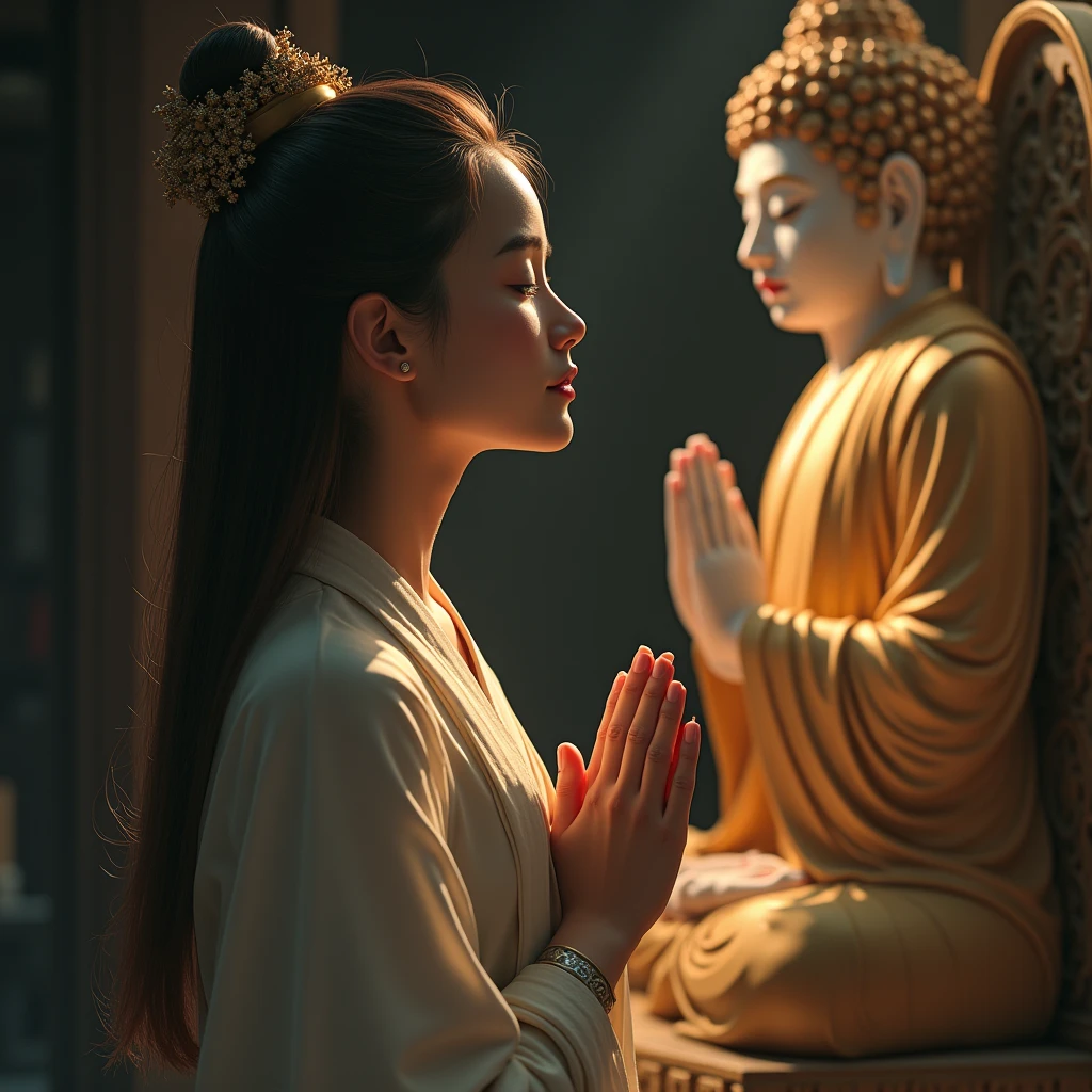 Best quality, extreme details, masterpiece, 8K wallpaper, official art, a pious (((beautiful))) cute  praying in front of the Buddha statue