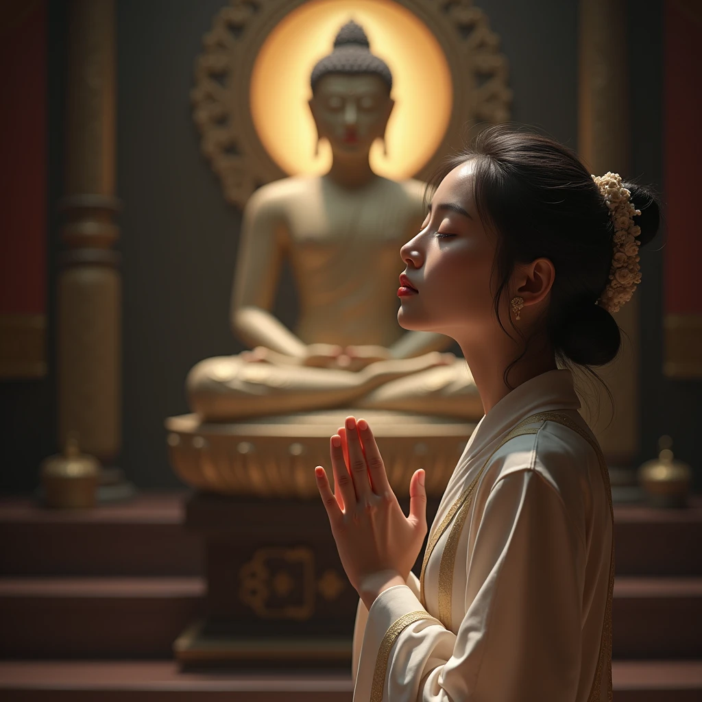 Best quality, extreme details, masterpiece, 8K wallpaper, official art, a pious (((beautiful))) cute praying in front of the Buddha statue