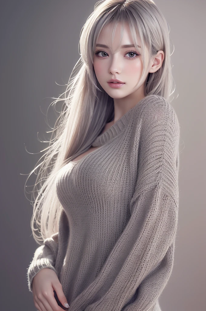 virgin killer sweater, Large Breasts, (((Very elegant and beautiful, Perfect detail, Very detailed))), whole body, Most detailed, Written boundary depth, 美しく詳細なwhole body, Thin legs, 30 years old, Gray and silver hair, Beautiful detailed hair, Perfect Face, Expressionless, Beautiful, detailed, deep eyes, Pale skin, HD background, Very delicate and beautiful, masterpiece, (((Highest quality, Very beautiful 8K CG wallpaper))), (((Trendy hairstyles))),