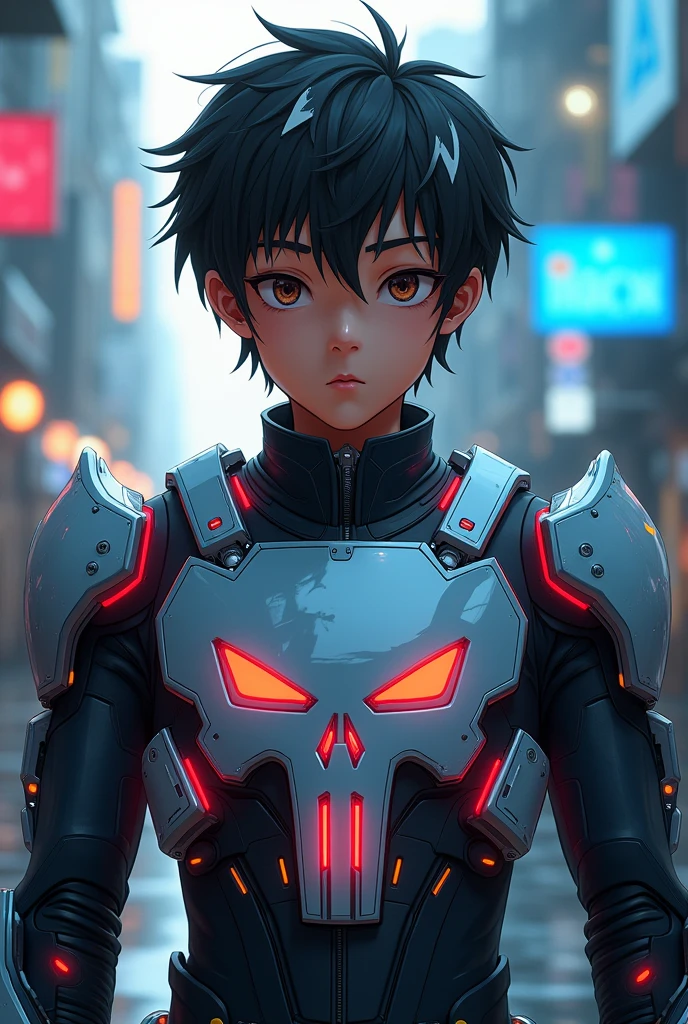 Boy malay Indonesia wear red white exoskeleton. Robot face on body. Led nipple blue. Black hair little white hair detail. . 19 year old boy. Wavy hair. Tan skin. High tech suit. Mirage armor . Taking anger robot face red. Emoji robot. Punisher logo. Robot logo. Mechanize robot face at chest. Talking robot on body. Robot look front.. robocop concept. Gi goe. Red white. Ultraman suit. Round shape Robot face on center. Robot eyes on point nipples host suit.