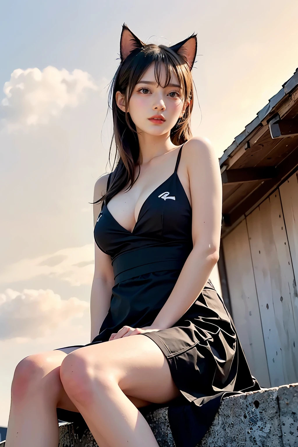 Masterpiece, 4K, bokeh, (2girls:1.3), (Japanese idle:1.2), (Sports ware1.3), (Brown long hair:1.2),(Blushed face:1.3), (Plump breast:1.2), (Sitting in station:1.2), (Cat ears:1.3),(From below:1.5),(Sundown :1.2), (Orange beautiful sky and clouds:1.2)