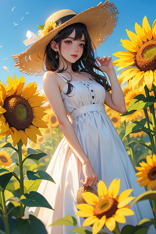 ((Highest quality)), ((masterpiece)), (detailed), One person, sexy,White dress、Straw hat、Sunflower field、steam locomotive、Looking into the camera