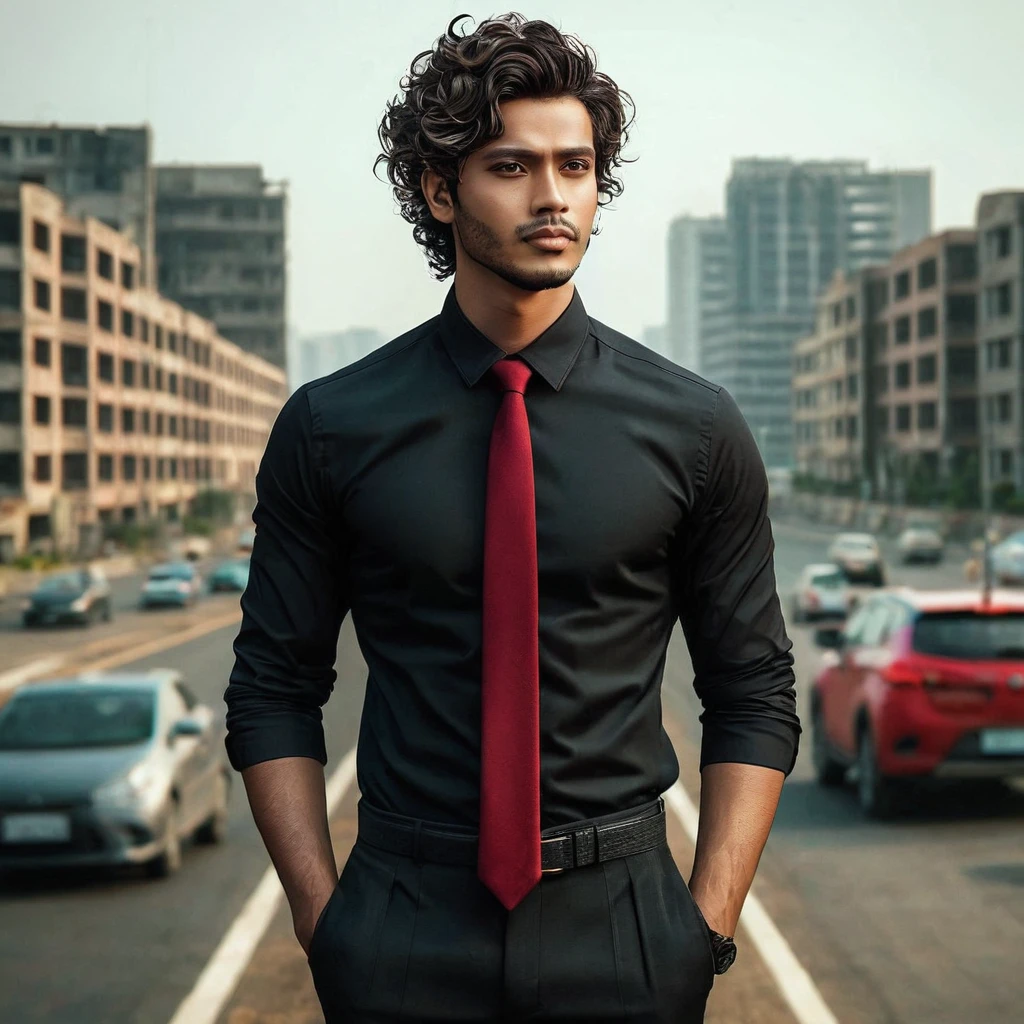 Generate this image, make his hair shorter and curlier, her face a little rounder like Indonesian. Background outdated colored buildings, fullbody