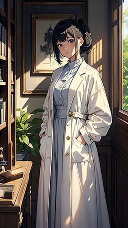 (Highest quality、masterpiece、High resolution)、(Sargent-style watercolor)、(Anime Art)、Cinematic Light、Soft Light、((1 person))、20-year-old、((With documentation、Stand against a wall))、Black Hair、short hair、semi-long、Put your hair up、((Wearing a white coat))、(uniform、Long skirt)、A sophisticated look、Small breasts、Anatomically correct hands、whole body、graduate school、Large bookshelf、specimen shed、Mineral specimens、Insect specimen microscope、Laboratory instrument、Foliage plant、 Blur the background、