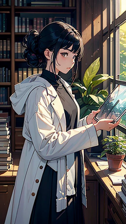 (Highest quality、masterpiece、High resolution)、(Sargent-style watercolor)、(Anime Art)、Cinematic Light、Soft Light、((1 person))、20-year-old、((With documentation、Stand against a wall))、Black Hair、short hair、semi-long、Put your hair up、((Wearing a white coat))、(uniform、Long skirt)、A sophisticated look、Small breasts、Anatomically correct hands、whole body、graduate school、Large bookshelf、specimen shed、Mineral specimens、Insect specimen microscope、Laboratory instrument、Foliage plant、 Blur the background、