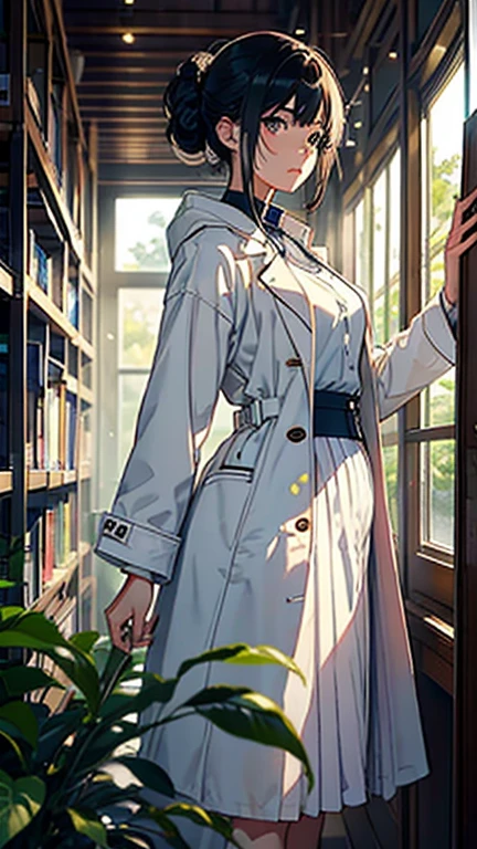 (Highest quality、masterpiece、High resolution)、(Sargent-style watercolor)、(Anime Art)、Cinematic Light、Soft Light、((1 person))、20-year-old、((With documentation、Stand against a wall))、Black Hair、short hair、semi-long、Put your hair up、((Wearing a white coat))、(uniform、Long skirt)、A sophisticated look、Small breasts、Anatomically correct hands、whole body、graduate school、Large bookshelf、specimen shed、Mineral specimens、Insect specimen microscope、Laboratory instrument、Foliage plant、 Blur the background、