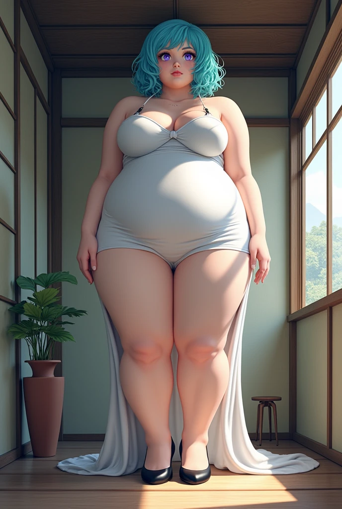 hyper breasts, hyper ass, short turquoise blue hair, violet eyes, long tight white milf dress Tight to her voluptuous body,giant girl, giant breasts, giant ass, yes height is 7 meters, long milf dress, short hair,background in a Japanese style house, house for only 1 person,dress a beautiful long white milf dress, wearing black heels, haircut lob cut,dress a beautiful long white dress, marked panties underneath the clothes, beautiful quality