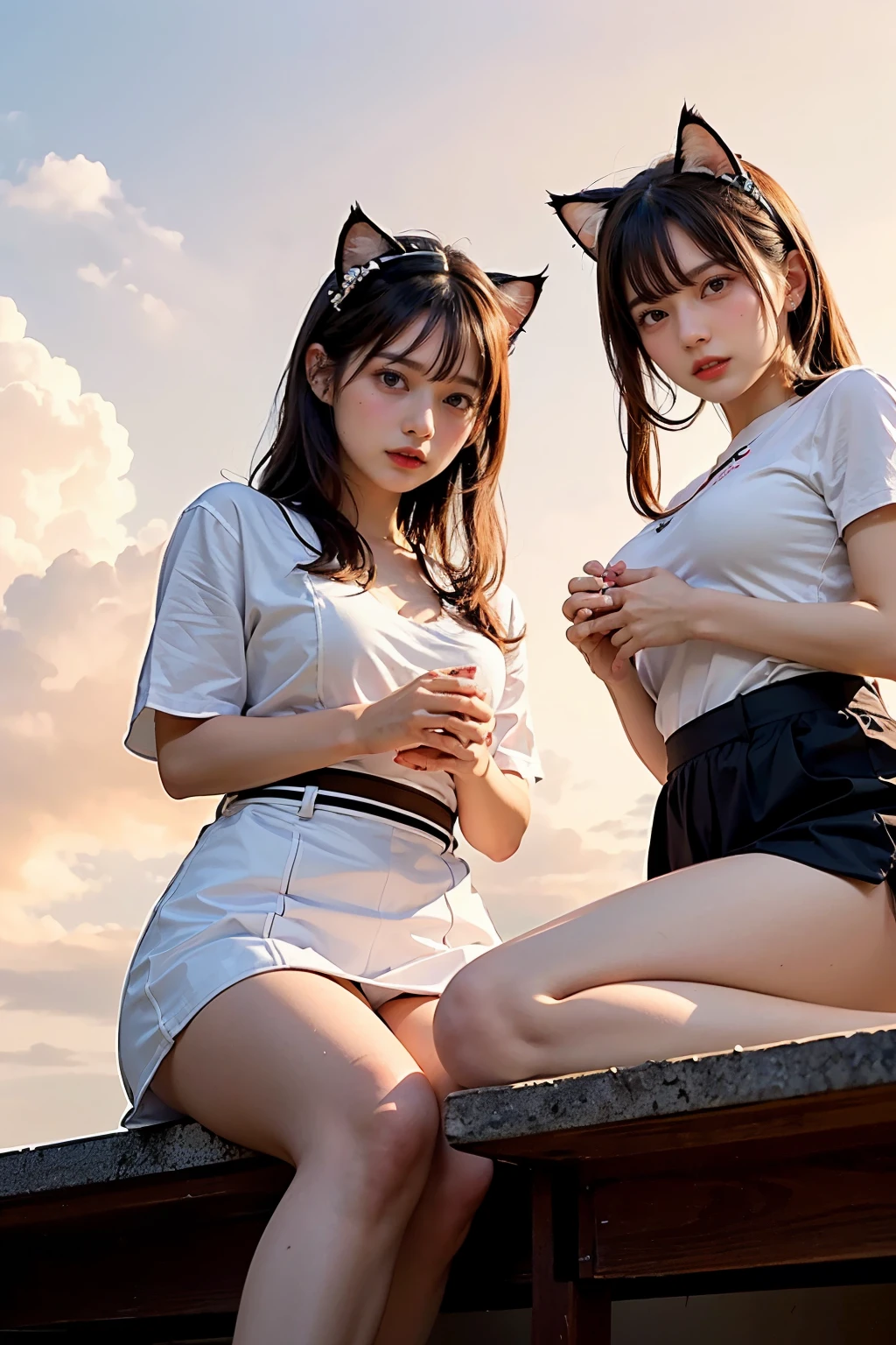 Masterpiece, 4K, bokeh, (2girls:1.3), (Japanese idle:1.2), (Sports ware1.3), (Brown long hair:1.2),(Blushed face:1.3), (Plump breast:1.2), (Sitting in station:1.2), (Cat ears:1.3),(From below:1.5),(Sundown :1.2), (Orange beautiful sky and clouds:1.2)
