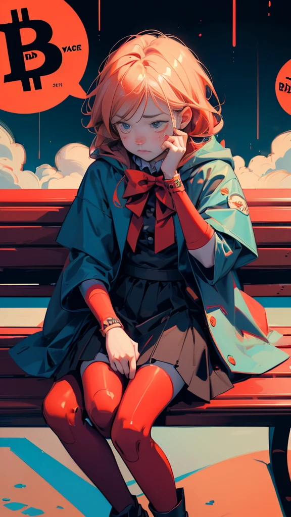 there is a girl that is sitting on a bench with sad face, perfect eyes, satoshi, bitcoin evil, 🚀🚀🚀, crypto, 3 0, bitcoin, cryptocurrency, ripple, doge, official fanart, 3 1, official artwork, daoshi, satoshi con, this is fine, official art, sad face, red color theme 🔞🤡