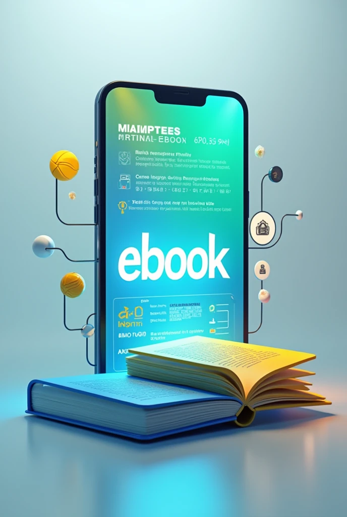 A stunning 4K design featuring the words "Design Printing" in the back row in green colors, and "eBook " in the front in bold blue and yellow colors. The logo is crafted in a futuristic, minimalist style and is being applied to a sleek, high-tech smartphone. The phone's screen displays various colorful textbooks contents. The overall visual is dynamic, with a sense of modernity and innovation.