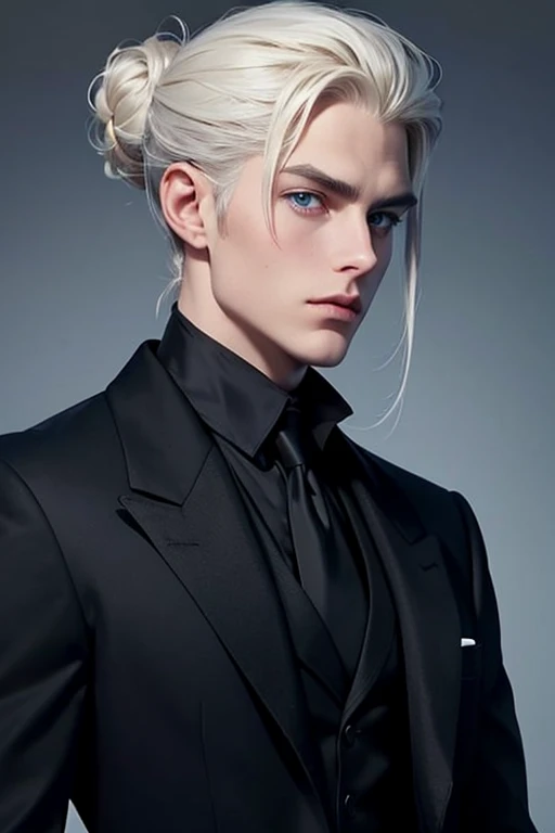  beauty in black frock coat.　Platinum blonde medium hair tied back in one bun.　Pale blue eyes and a wise face.　A butler that looks like something out of a fantasy.