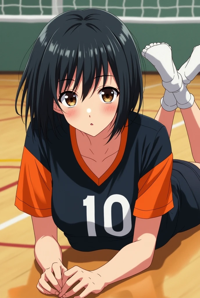 Japanese short black hair high school girl painting style。
oil。
Volleyball club practicing in the gym。
The uniform is black and orange with short sleeves.、Black underneath。The number on his front is 10. It looks like a photograph.。
Lying on the floor so that I could see myself from head to toe like an oil painting