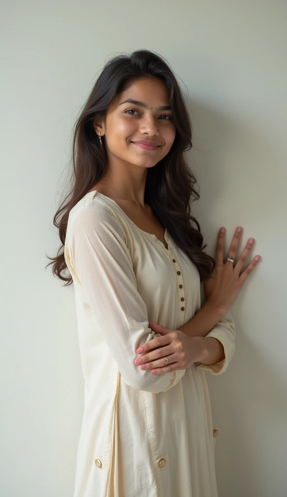 A cute 19 years old indian girl taking selfie, simple smile without showing teeth, white wall background , rough dry face skin , indian kurta dress , full body view , model pose , sexy and hot