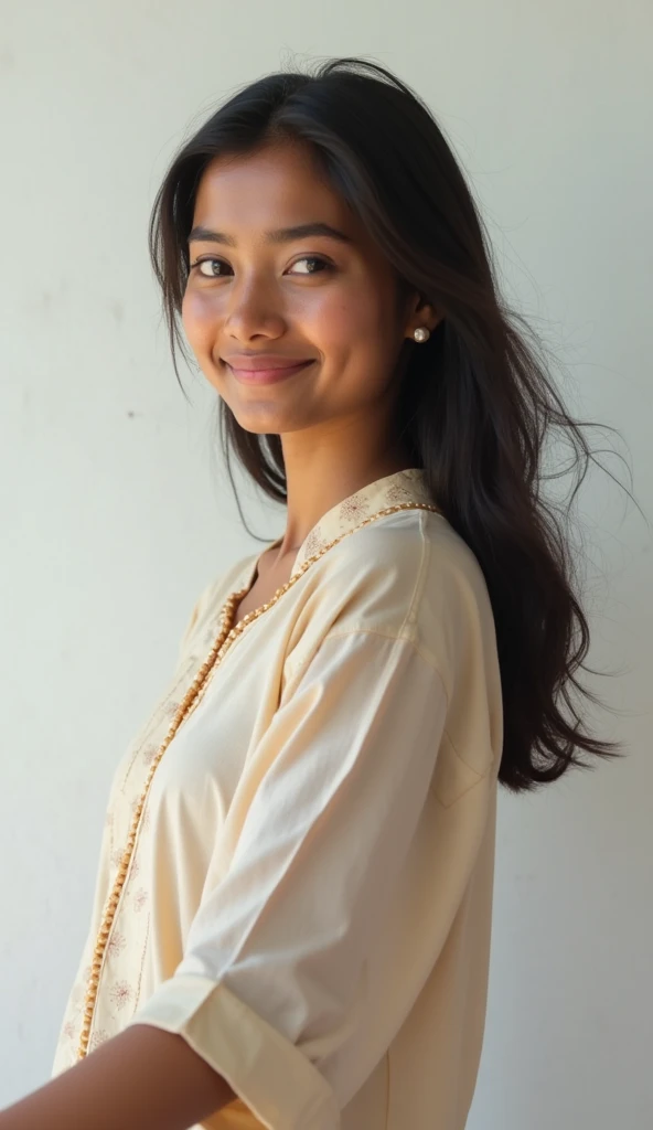 A cute 19 years old indian girl taking selfie, simple smile without showing teeth, white wall background , rough dry face skin , indian kurta dress , full body view , model pose , sexy and hot