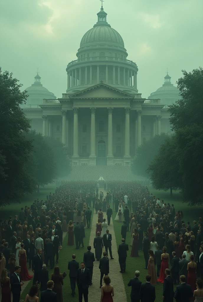 Best image quality, masterpiece, huge classic building outdoor garden party background, top view, huge crowd of people, detailed image texture, eerie, horror, eerie atmosphere (not AI image), cloudy, foggy